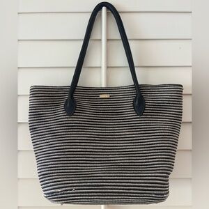 Beautiful ERIC JAVITS Beige Black Raffia Leather Tote Neutral Classic Old Money
